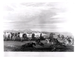 Emigranter angrepet av Comanches, gravert av John Smith